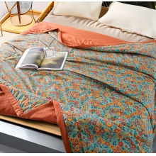 水帛冰氧棉繁花夏凉被单人双人时尚印花夏凉被春夏必备亲肤柔软 橘青色 150x200cm