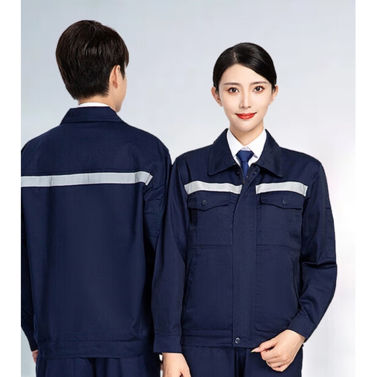 乐优佰易 长袖工作服套装男耐磨工厂车间厂服工人反光条汽修劳保服春秋 深蓝加厚长袖